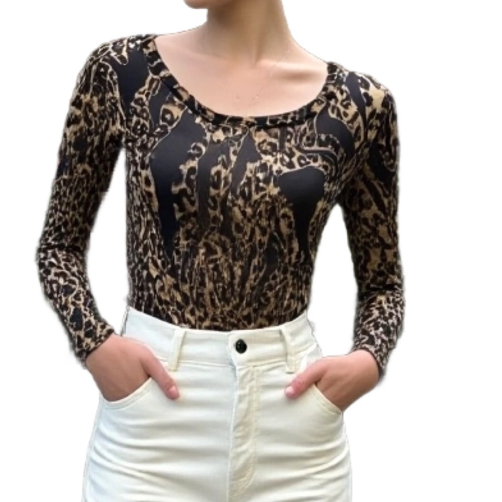 Leopard Print Mesh Long Sleeve Top Size Medium